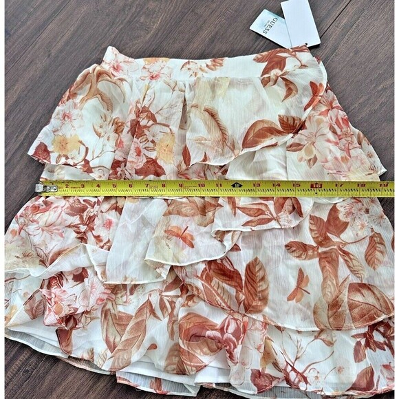 GUESS Women's Mini Skirt Tiered Forest Floral Print Brown White mini Skirt M - Picture 7 of 10